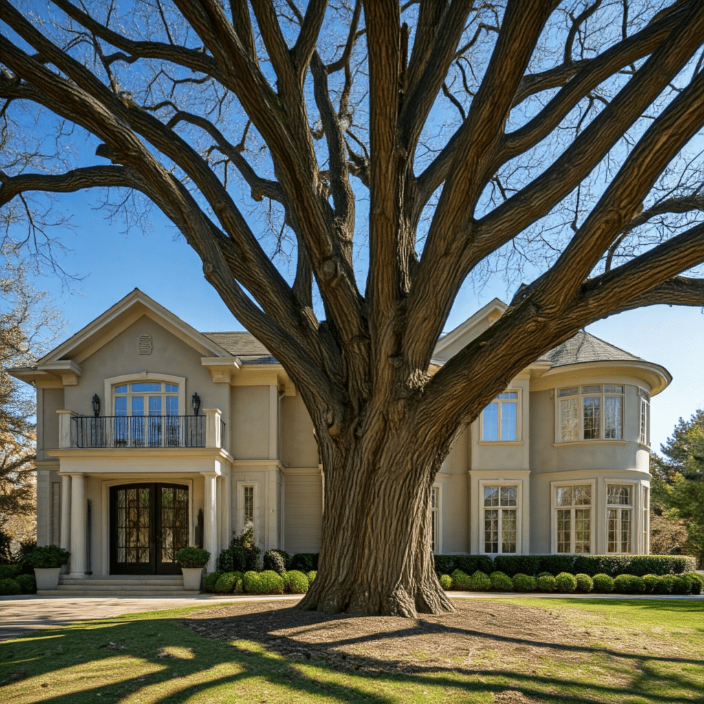 A large tree with decaying branches overhanging a luxury home